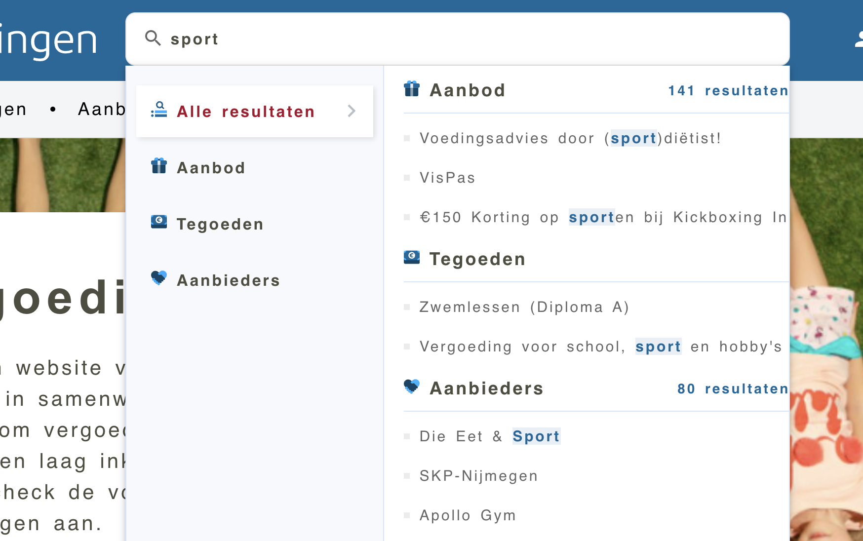 zoekresultaten uitklapgedeelte