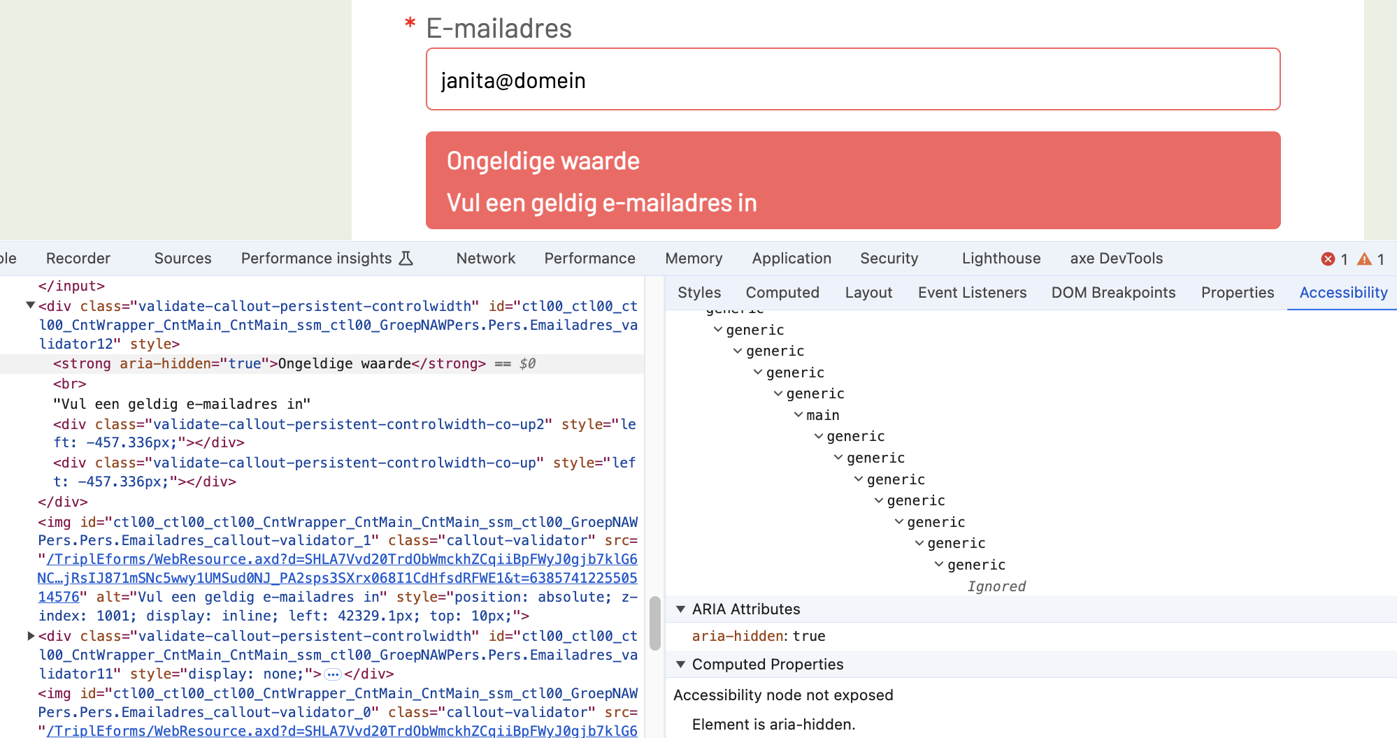 foutmelding in webinspector