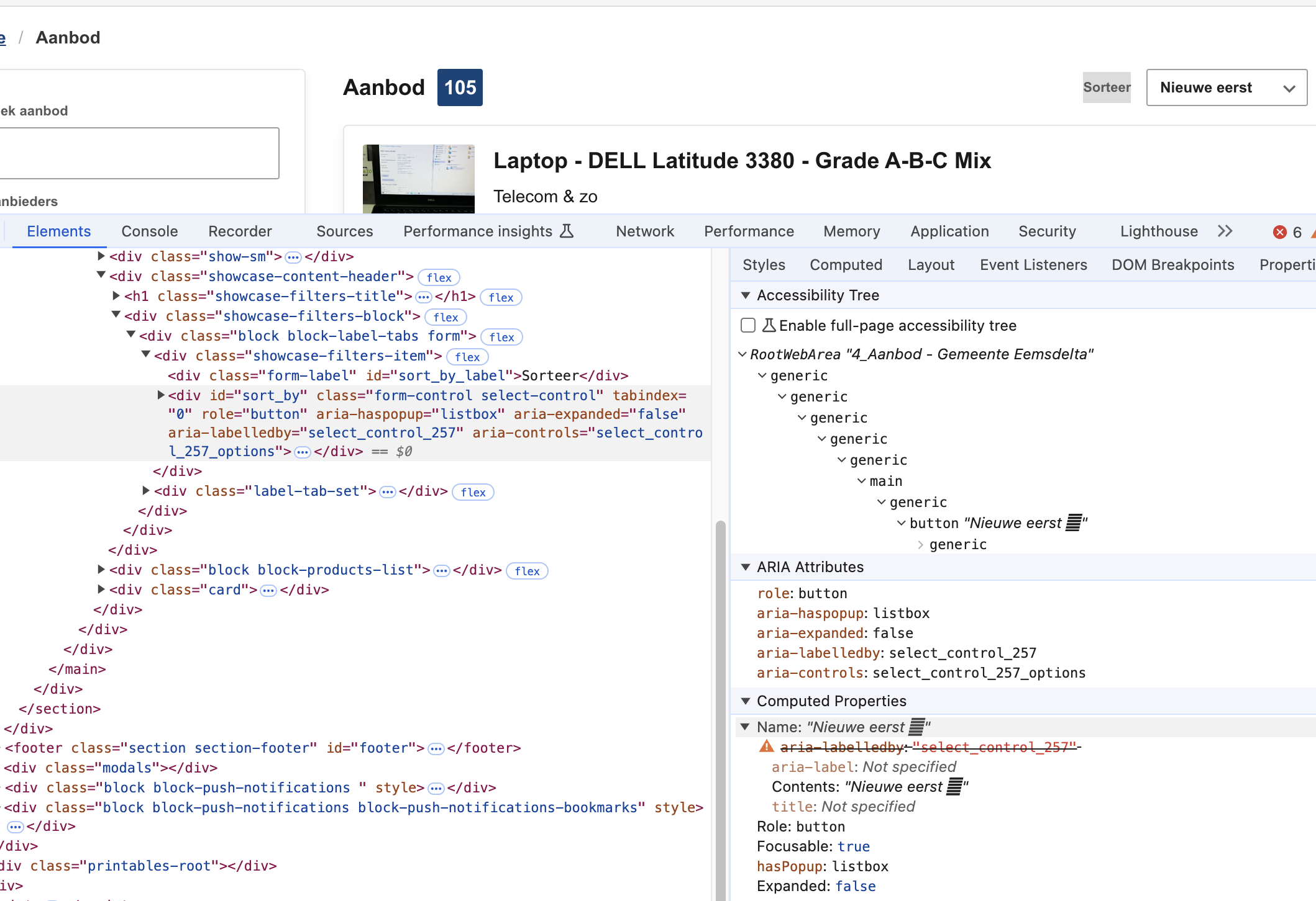 sorting listbox in web inspector