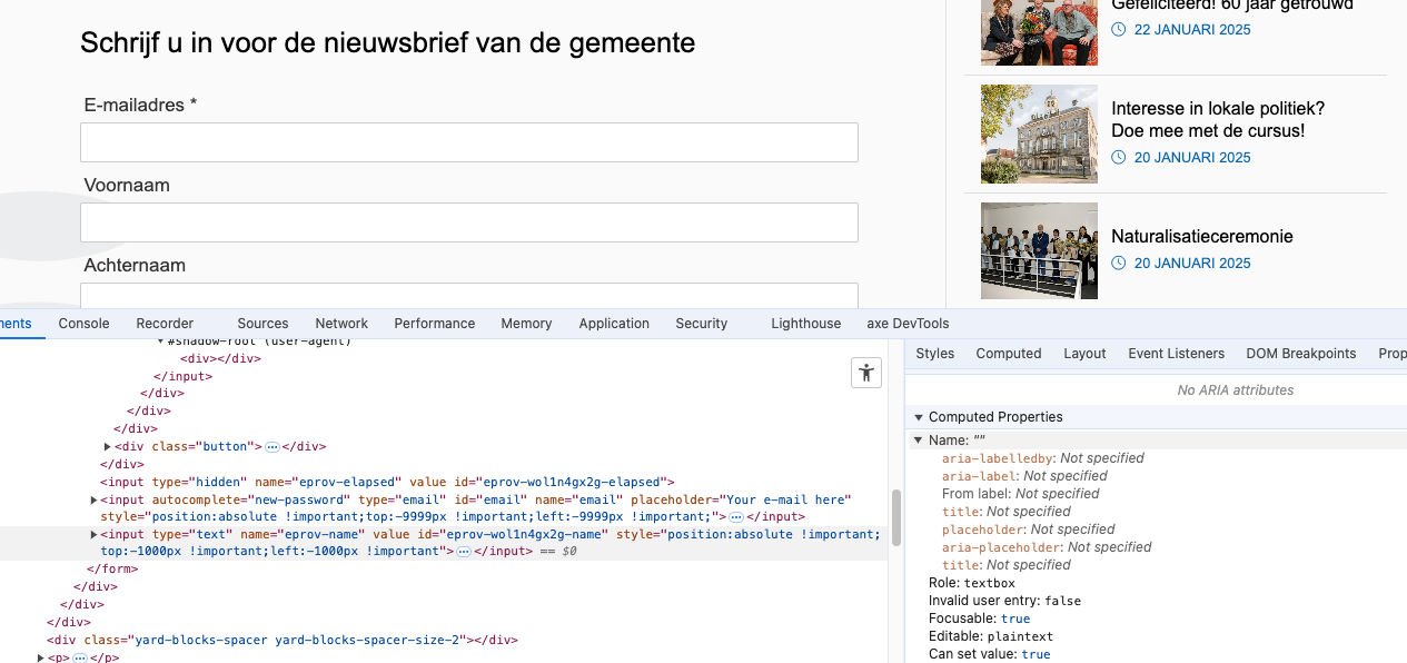 Nieuwsbrief velden in web inspector