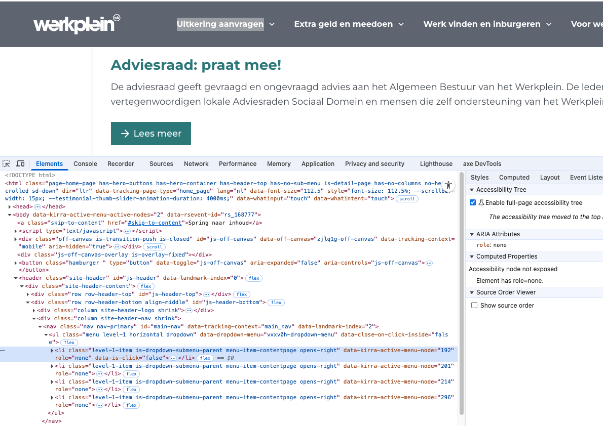 hoofdmenu in web inspector