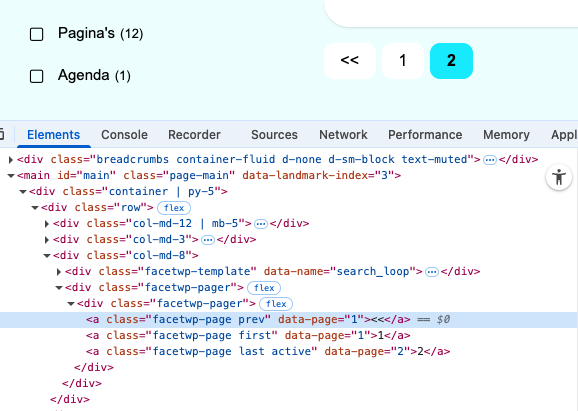 chrome inspector bij paginatielinks