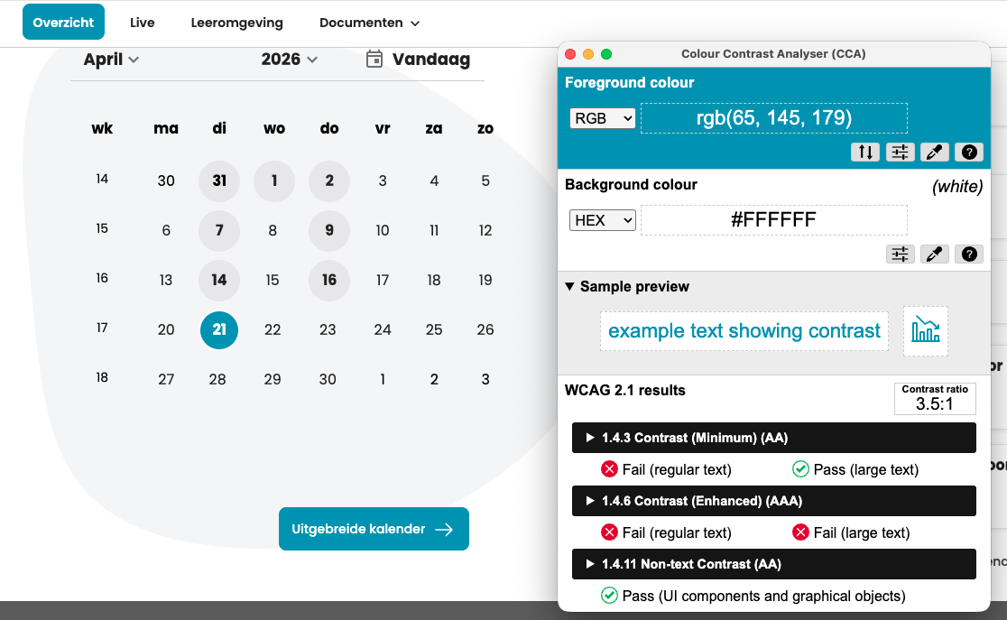 homepage met kalender en contrast tool