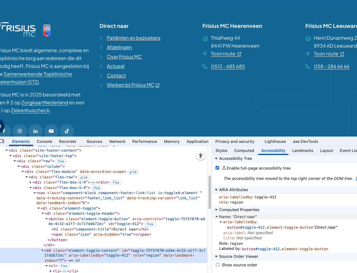 footer in webinspector