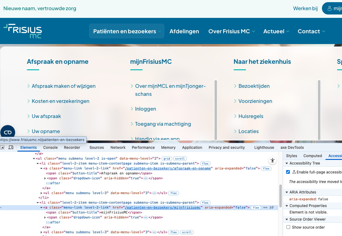 hoofdmenu in web inspector