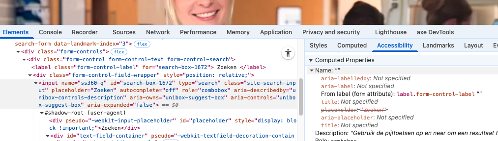 zoekveld in web inspector