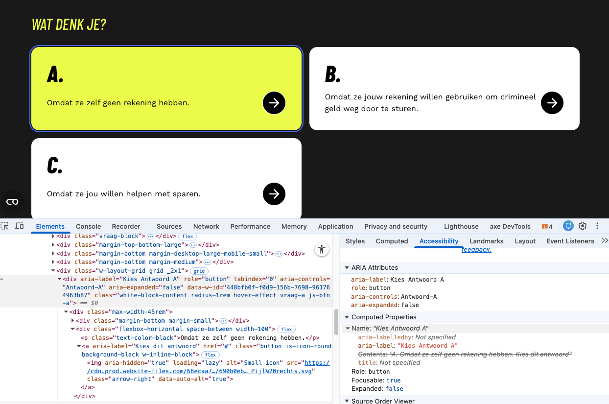 vraag met antwoord in web inspector