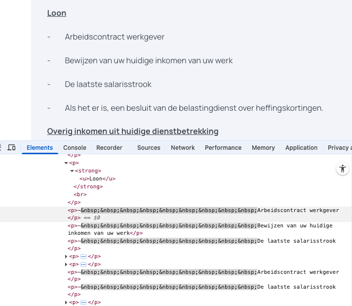 lijst in web inspector