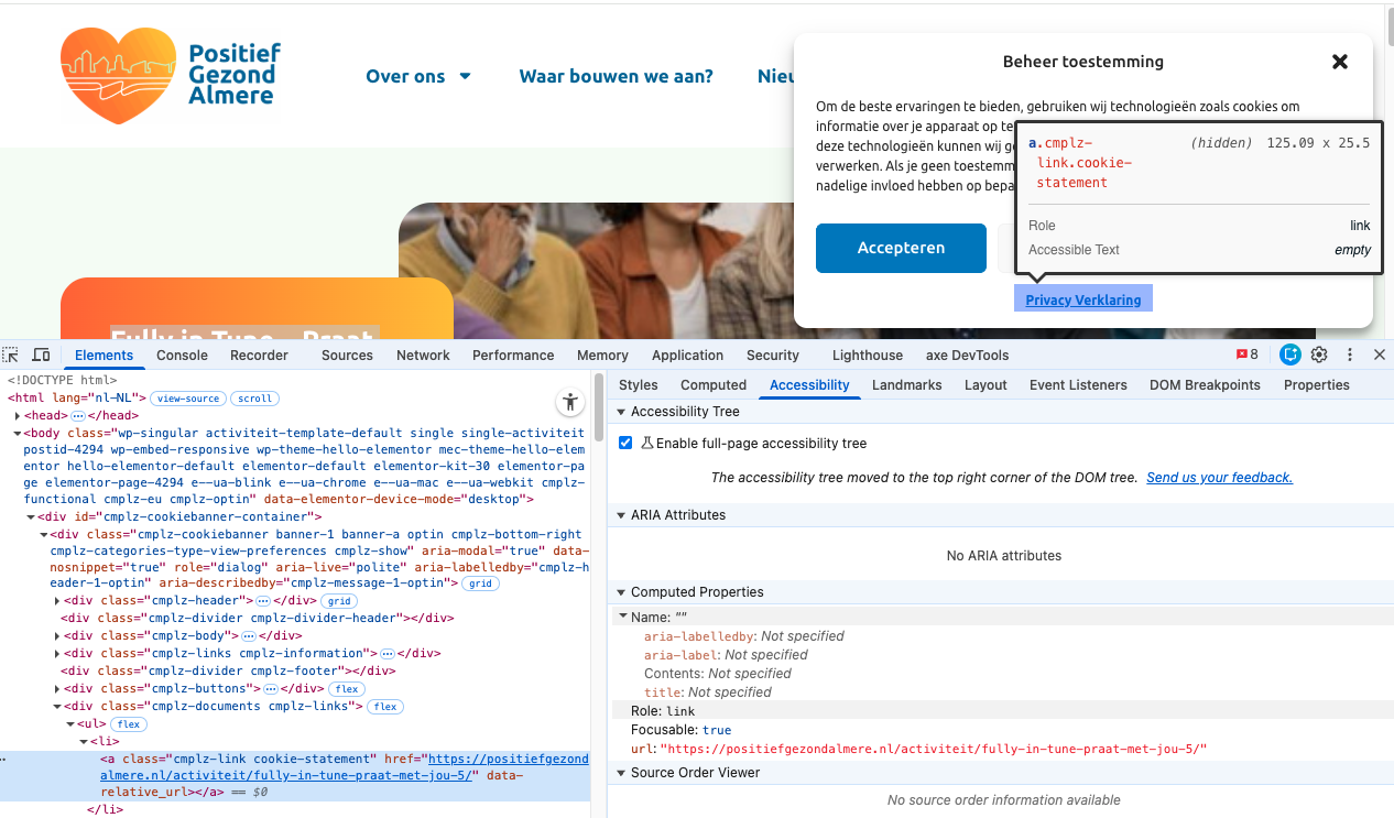cookiepopup in webinspector