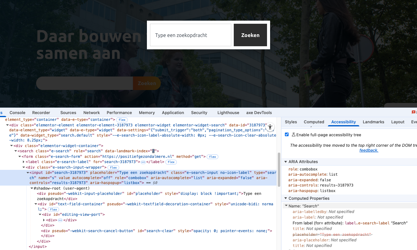 zoekveld in webinspector