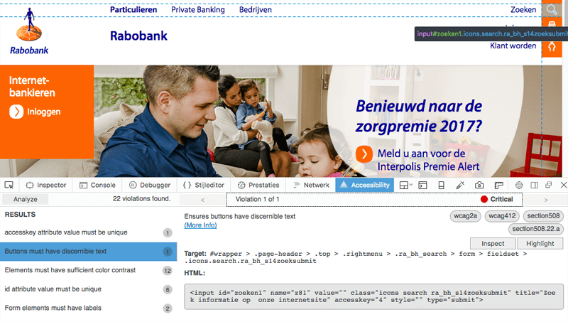 Screenshot Axe-inspector op de Rabobank website