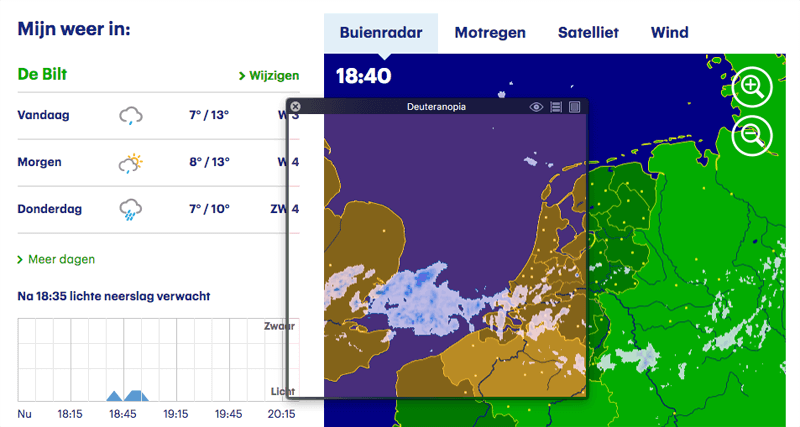 Screenshot van de Buienradar door de Itunes App kleurenblindsimulator.
