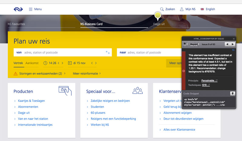 screenshot HTML-Codesniffer tool op ns.nl