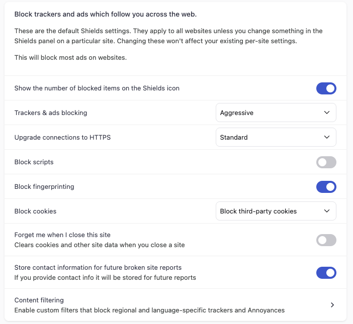 Brave privacy instellingen