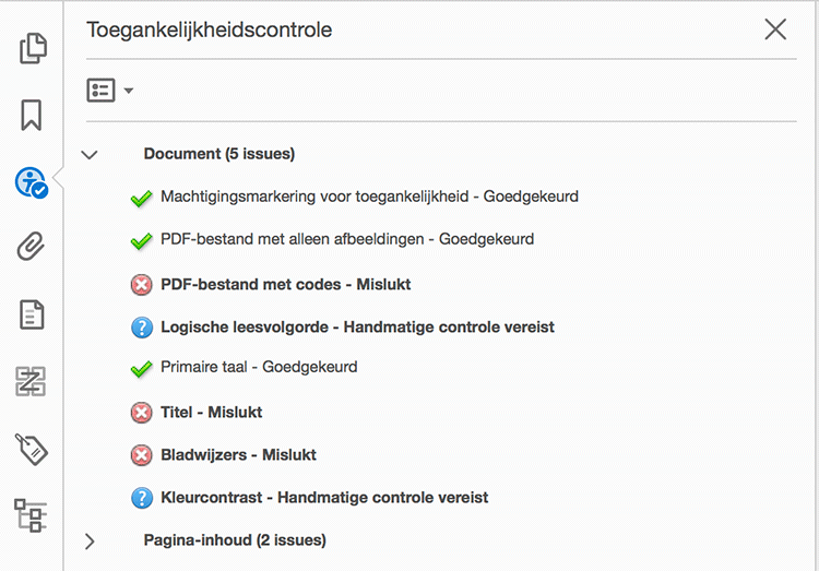 Toegankelijkheidscheck resultaten in Acrobat