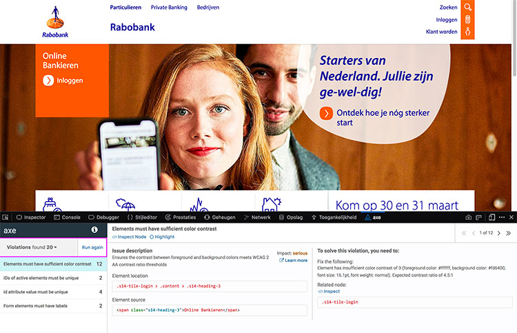 screenshot axe-results op rabobank homepage