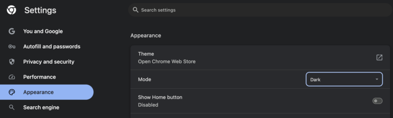 Dark mode instellingen in Chrome 