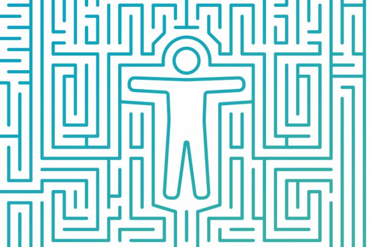 Illustratie van persoon gevangen in doolhof in de stijl van een moederbord